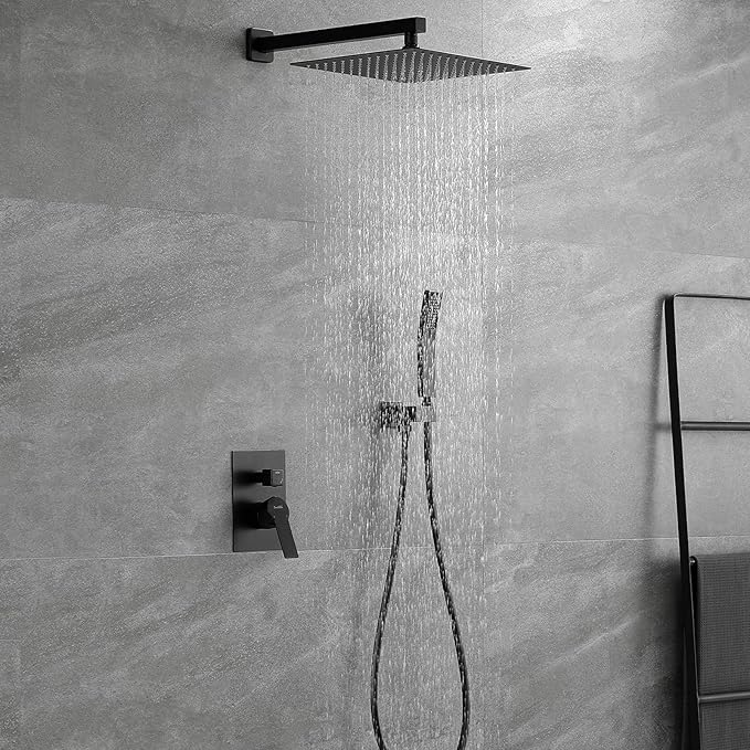 SHAMANDA Brass Rainfall Shower System, Luxuly Bathroom Shower Faucet Combo Set Matte Black (Including Rough-In Valve Body and Trim), L7001-7