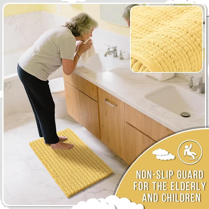 Yimobra Bathroom Rugs Non Slip Washable - Ultra Soft Absorbent Chenille Bath Mat, Quick Dry Shaggy Floor Carpet for Tub Shower, Yellow Home Decor Accessories, 24x17 Inch