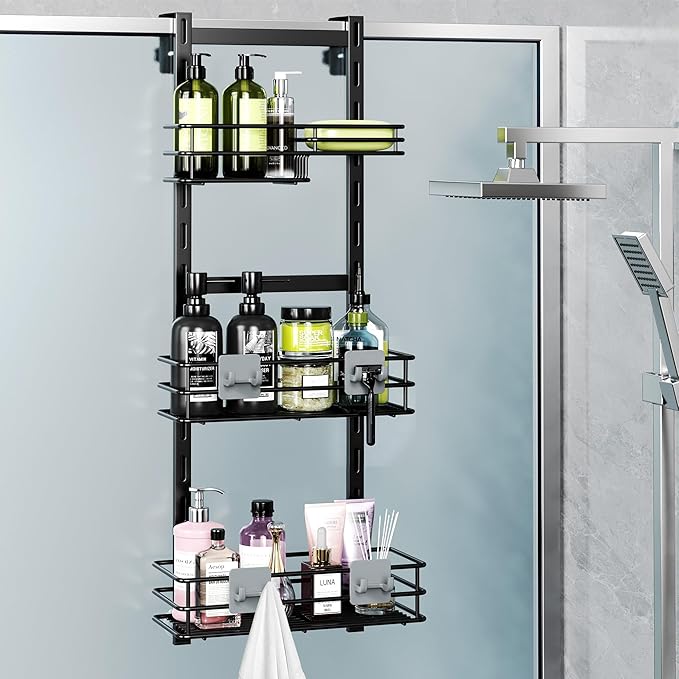 Orimade Over The Door Shower Caddy Adjustable 3 Tier Black,Bathroom Hanging Organizer Shelf Rustproof with 4 Hooks,Shower Basket with Soap Holder and Suction Cup