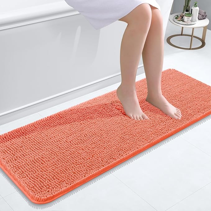 OLANLY Bathroom Rugs 47x17, Extra Soft Absorbent Chenille Bath Rugs, Rubber Backing Quick Dry, Machine Washable Bath Mats for Bathroom Floor, Tub and Shower, Home Decor Accessories, Coral
