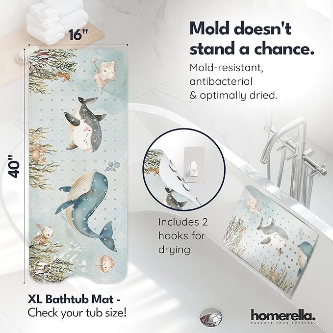 Homerella Baby Bath Tub Mat | Anti Mold Mildew Resistant Non Slip Kids and Adult Bath Tub Shower Mats | 40x16 inch Long with Suction Cups for Secure Grip Hooks for Storage & Drying | Machine Washable