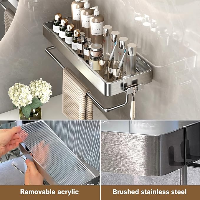 VOLPONE Stainless Steel Wall Mounted Bathroom Shelves - 2-Tier Floating Shelf with Removable Hooks (Brushed Nickel)