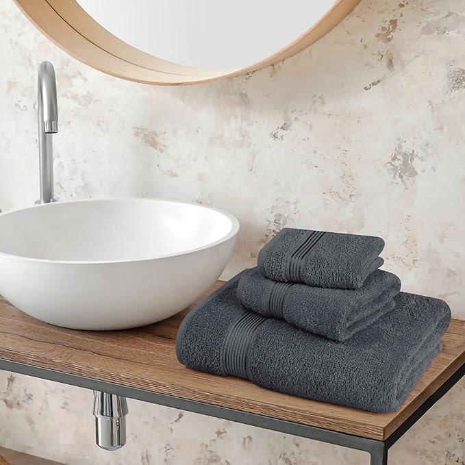 Belizzi Home Ultra Soft 3 Pack Cotton Towel Set, Contains a Bath Towel 28x55 inch, a Hand Towel 16x24 inch & a Wash Coth 12x12 inch, Ideal Everyday use, Compact & Lightweight - Charcoal Grey
