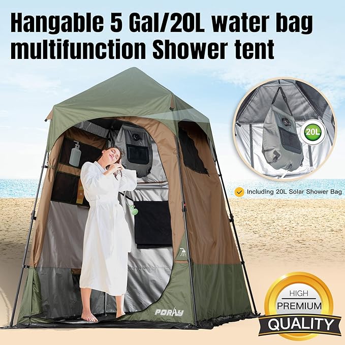 Camping Shower Tent Deluxe Changing Room Easy Set Up Privacy Shelter,Large Toilet Tent with Floor Drain Design for Beach, Camping,Hiking with Stakes and Ropes for Stability