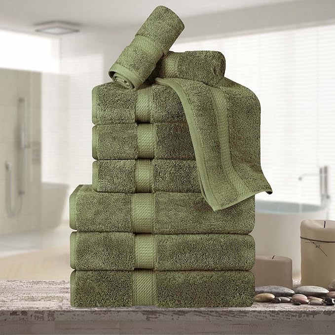 Superior Egyptian Cotton Pile 9 Piece Towel Set, Includes 3 Bath, 3 Hand, 3 Face Towels/Washcloths, Ultra Soft Luxury Towels, Thick Plush Essentials, Guest Bath, Spa, Hotel Bathroom, Forest Green