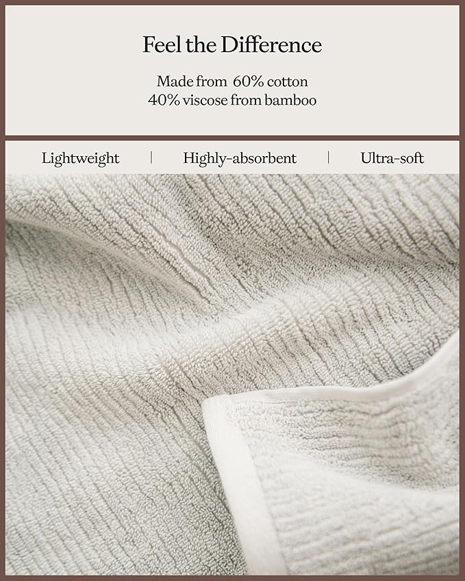 Cozy Earth Ribbed Hand Towel Set - 60% Cotton 40% Viscose from Bamboo Hand Towels - Soft & Absorbent Textured Ribbed Pattern - 2 Pack Light Grey