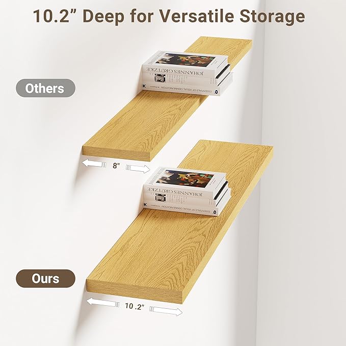 Vivelove 10" Deep Floating Shelves with Invisible Brackets, 36" Wall Shelves for Bathroom Bedroom Kitchen Living Room Laundry Room, Modern Rustic Shelves for Home Decor, 36"x10.2"x1.5", Set of 2, Oak