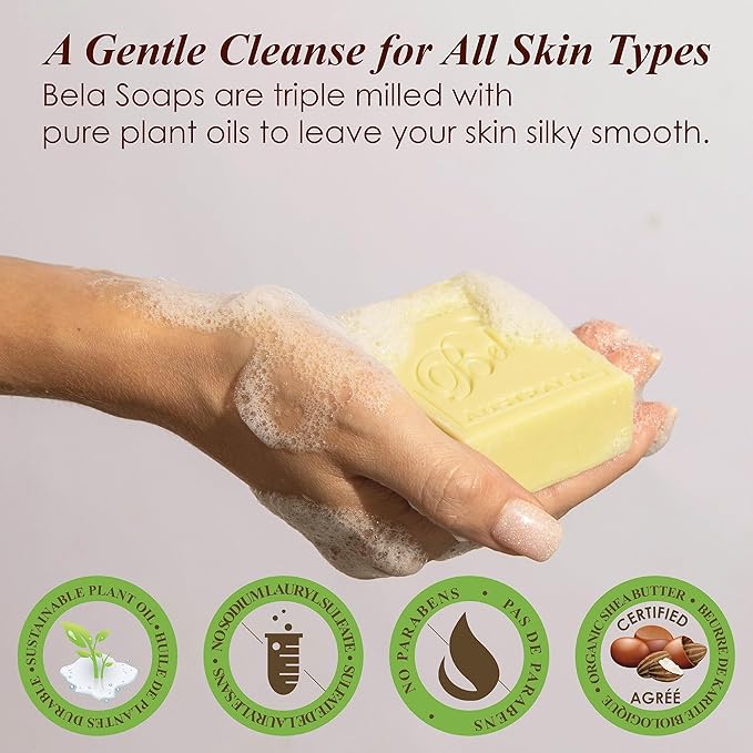 BELA French Pear Soap 3.3 OZ Pack of 6, Long Lasting French Triple Milled Bar Soap with Organic Shea Butter, Hand, Face and Body Wash Bar, Made in Australia