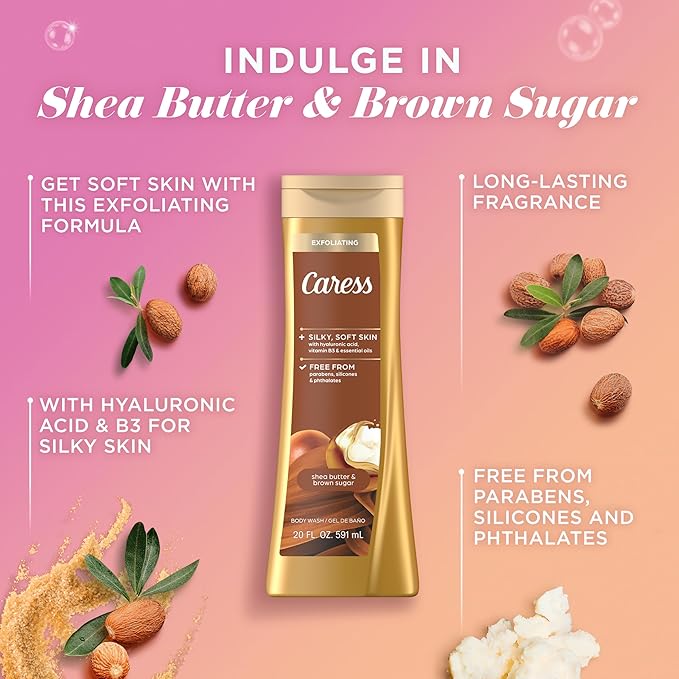 Caress Body Wash for Women, Shea Butter & Brown Sugar, Hydrating and Exfoliating Shower Gel for Gorgeous Radiant Skin, 20 fl oz, 4 Pack
