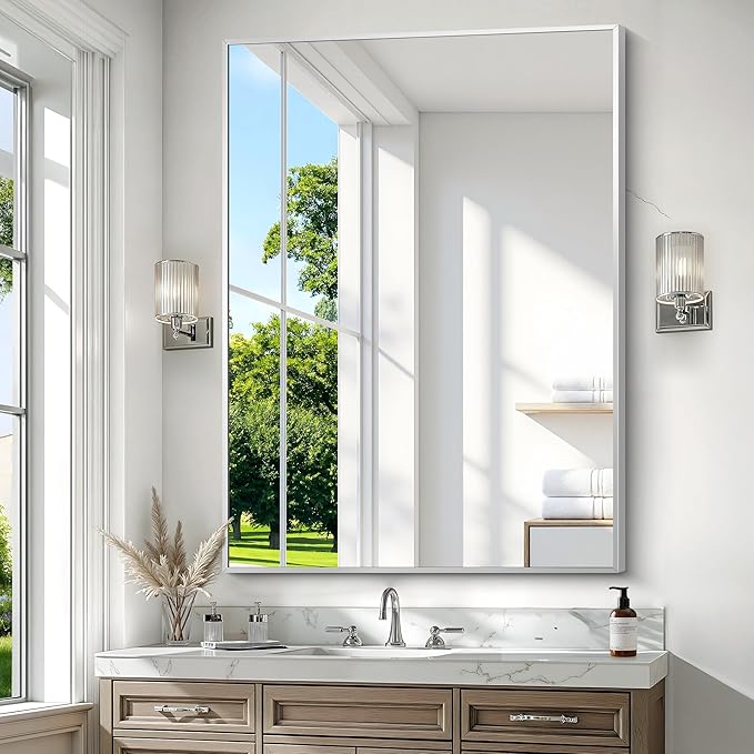 BONEWEI Silver Bathroom Mirror,36x48 inch Wall Mirror for Bathroom Wall Mounted,Large Rectangle Mirror for Bathroom Over Sink,Modern Metal Frame for Living Room,Bedroom Entryway,Horizontal/Vertical