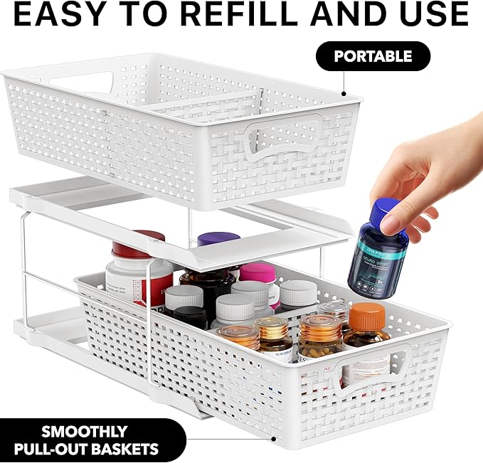 Simple Houseware 2 Tier Bathroom Organizer Tray Pull-Out Sliding Drawer, Under Sink Storage, White