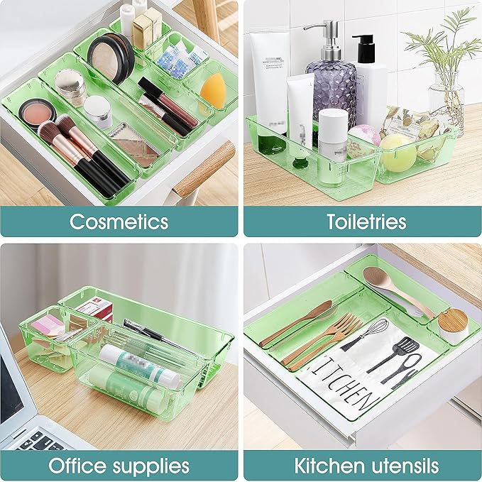 WOWBOX 25 PCS Plastic Drawer Organizer Set, 4 Sizes Desk Drawer Divider Organizers and Storage Bins for Makeup, Jewelry, Gadgets for Kitchen, Bedroom, Bathroom, Office, Clear Green