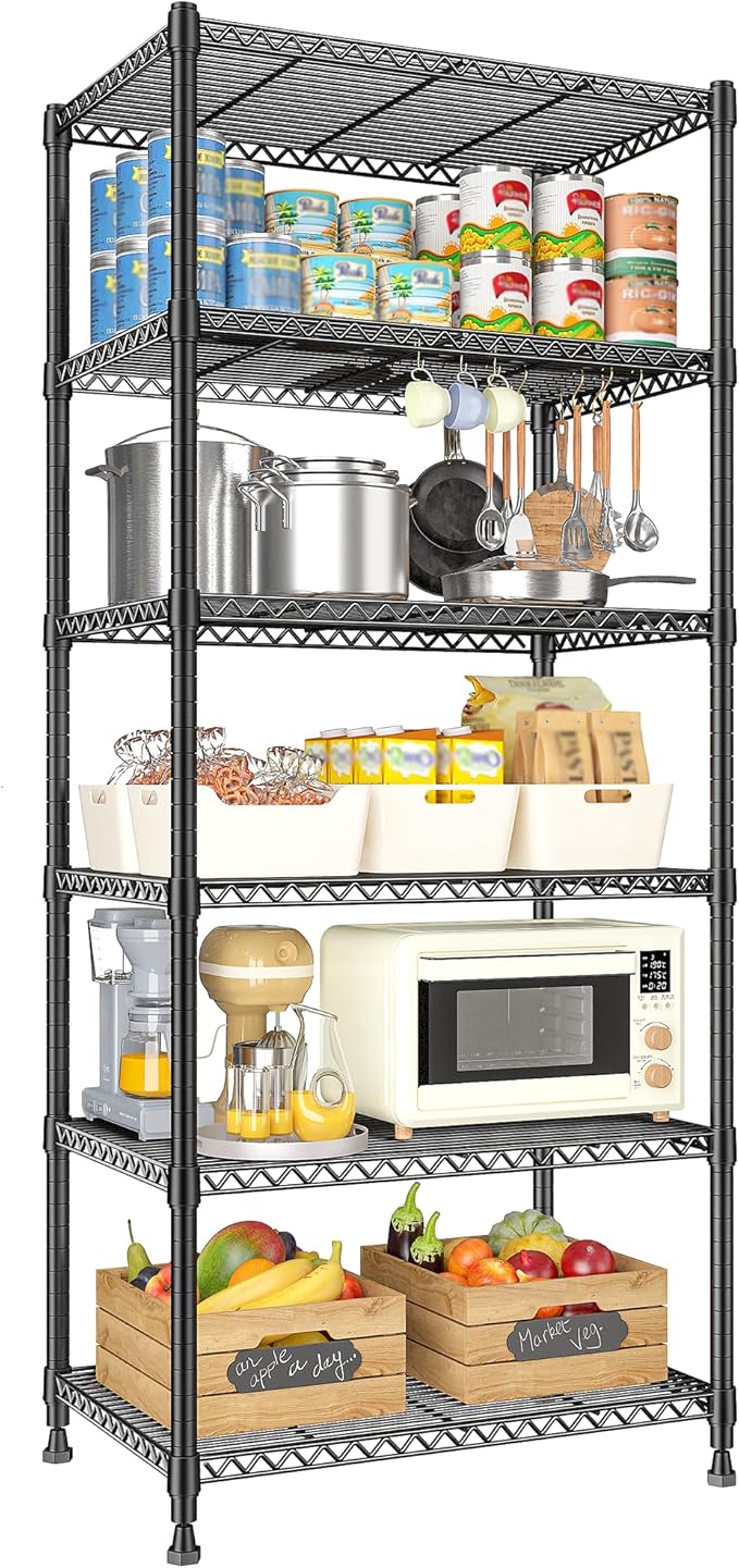 REIBII 72’’H Wire Shelving, 6 Tier Metal Shelving Units and Storage Shelves, Adjustable Garage Shelving for Storage Heavy Duty Shelving for Pantry Shelf Kitchen Garage, 24’’W X18’’D X72’’H