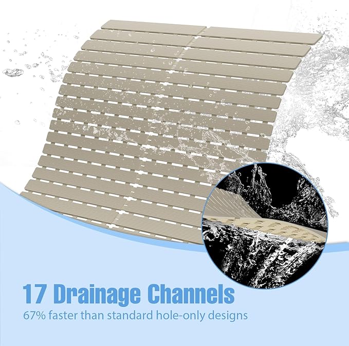 Shower Mat Non-Slip Bath Mat for Tub and Shower Stall,200+ Suction Cups with Drain Holes, Quick Dry Machine Washable, Extra Grip for Elderly and Baby, Bathroom Essentials 24x24 Inch (Light Brown)