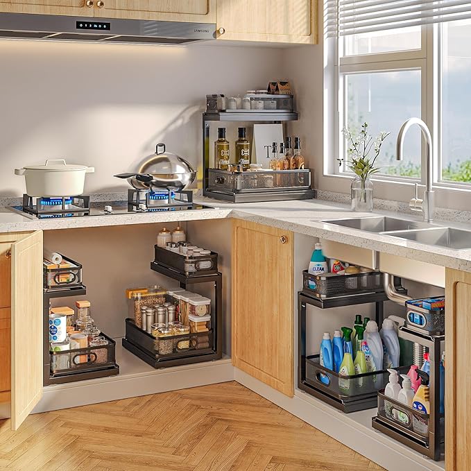 1-Pack Under Sink Storage Organizer with 2-Tier Slide Out Drawer, Sophisticated Mesh Pull Out Shelf for Kitchen & Bathroom, Fits Small Items, Upgraded Arched Track for Smooth Gliding-Black