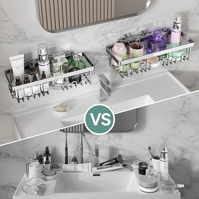 Veken Adhesive Shower Caddy 5-Pack,Heavy Weight Bearing,Large Wall Mounted Shower Shelves Rack,Organizer Storage Accessories with Soap Dish&Toothbrush Holder,Ideal for Bathroom,Home&Kitchen,Silver