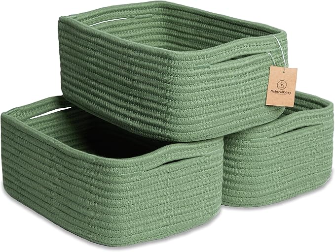 NaturalCozy 11.8"x8"x4.5” Rectangle Storage Baskets for Shelves 3 Pack | Cotton Rope Woven Small Baskets for Organizing | Small Storage Bins for Nursery, Bathroom, Closet, Shelf, Decorative, Gift