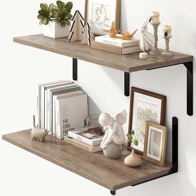 Fun Memories Floating Shelves for Wall, 12 Inch Deep Floating Shelves Set of 2, Wall Mounted Shelf with Metal Brackets, Rustic Wood Wide Shelf for Bathroom, Kitchen and Living Room, Grey, 32W x 12D