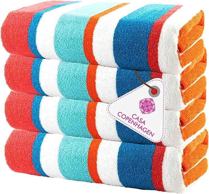 CASA COPENHAGEN Bora Bora Beach Towels Designed in Denmark Rough and Tough, Quick Dry, for Pool, Bath & Shower 30x60 inches 4 Pieces Cotton Beach Bath Towels Set - Turquoise