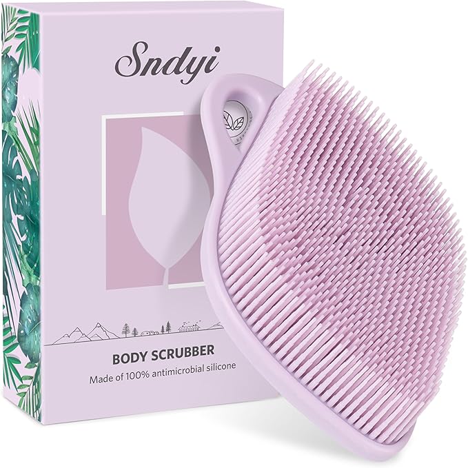 Sndyi Silicone Body Scrubber, Gentle Exfoliating Body Scrubber for Sensitive Skin, Leaf Shaped Shower Scrubber for Body with Lathering Bristles, Silicone Loofah Body Brush for Showering, Purple