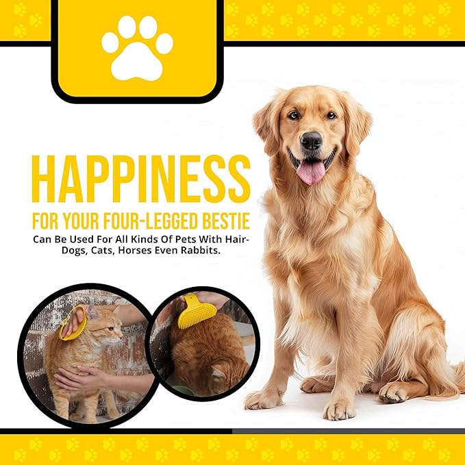 Silicone Dog Bath Brush – Soft Pet Scrubber for Bathing & Grooming – Shampoo Brush for Dogs, Cats & Puppies – Adjustable Strap – Choose from 5 Colors (Yellow)