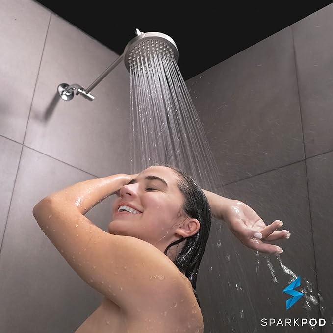 SparkPod Shower Head - High Pressure Rain - Premium Quality Luxury Design - 1-Min Install - Easy Clean Adjustable Replacement for Your Bathroom Shower Heads (Elegant Brushed Nickel, 6 Inch Round)