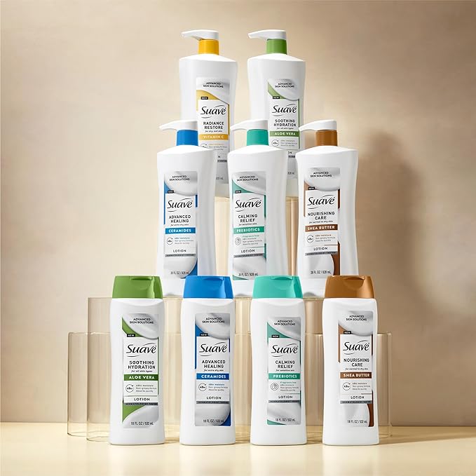Suave Calming Relief Hand & Body Lotion for Women With Prebiotics For Sensitive Skin, Fragrance & Allergen Free, Helps Restore Skin's Moisture Barrier, 18 FL OZ, 6 Pack