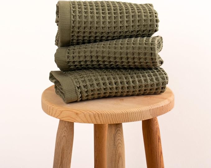 PÜSKÜL Organic Waffle Kitchen Towel 100% Turkish Cotton Set of 3 Khakie Green - Premium Quality, Soft, Quick-Dry, Absorbent, Lint-Free Hand Towels 32X16 Inches (3, Khaki Green)