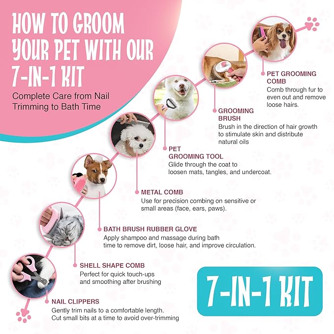 7-in-1 Pet Grooming Kit for Dogs & Cats Deshedding Brush, Bath Brush, Flea Comb, Nail Clipper & Massage Glove Complete Grooming Set for Small & Large Pets