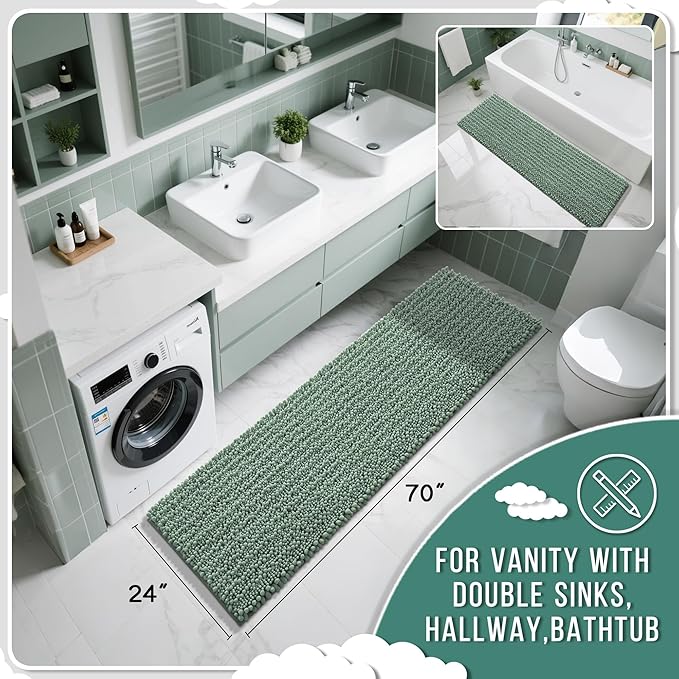 Yimobra Bathroom Runner Rug 70x24 Inch - Extra Long Non Slip Chenille Bath Mat, Soft & Absorbent, Machine Washable Shaggy Hallway Carpet for Vanity Tub Shower, Green Home Decor Accessories