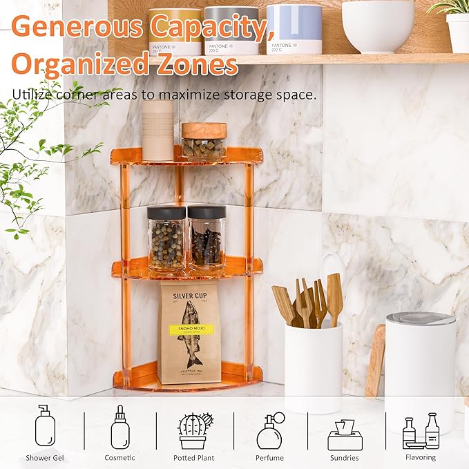 3 Tier Countertop Corner Organizer Shelf 7x7x15.7 Inch, Orange Countertop Acrylic Bathroom Corner Shelf, Vanity Storage Organizer for Cosmetics, Toiletries