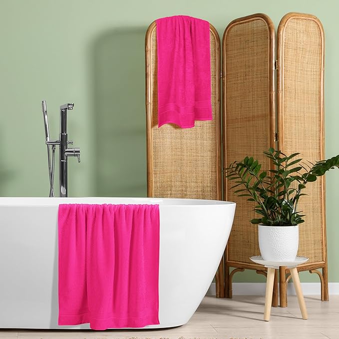 Belizzi Home Cotton 2 Pack Oversized Bath Towel Set 28x55 inches, Large Bath Towels, Ultra Absorbant Compact Quickdry & Lightweight Towel, Ideal for Gym Travel Camp Pool - Hot Pink