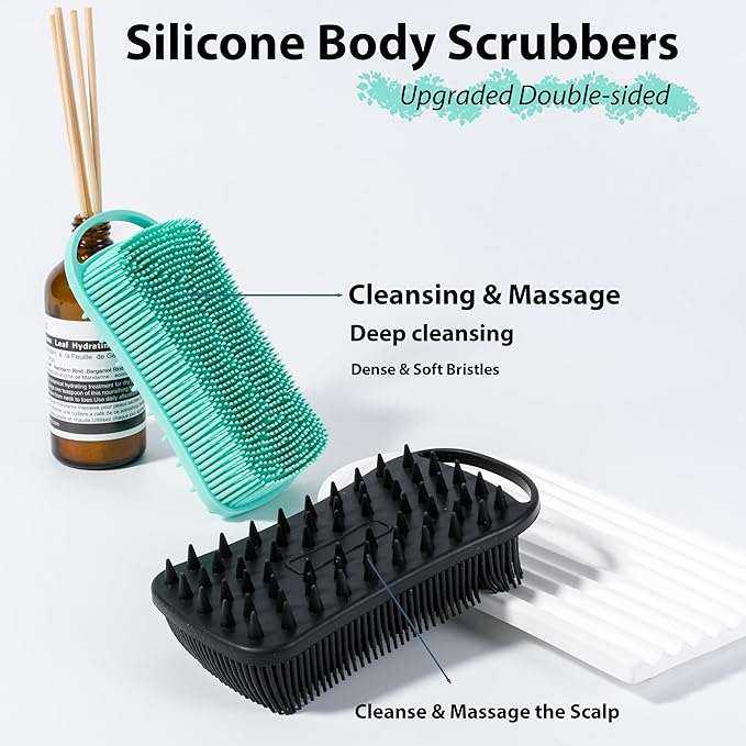 2 PC Silicone Body Scrubber, 2 in 1 Exfoliating Shower Bath Scrubber, Soft Silicone Loofah for Sensitive Skin, Shower Hair Scalp Massager, Easy to Clean, Lather Well (Black&Green)