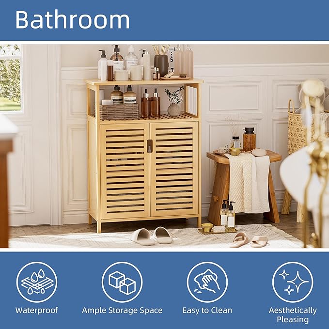 HITNET Bathroom Cabinet Freestanding, Bamboo Storage Cabinet 4-Tier Floor Cupboard with Door and Shelf for Bathroom, Kitchen, Hallway, Natural