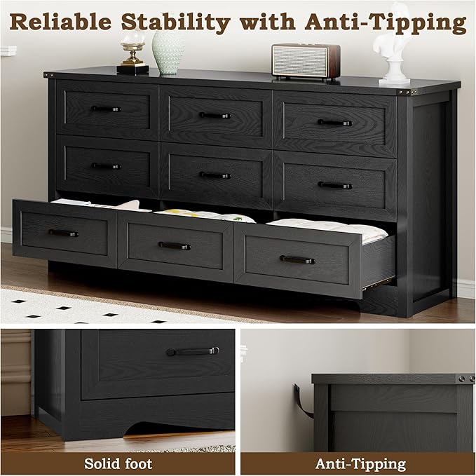 9-Drawer Dresser for Bedroom, Modern Wooden Chest of Drawers with Metal Handles, Anti-Tipping Design, Sturdy and Stable Storage Organizer for Living Room, Entryway, Home Office