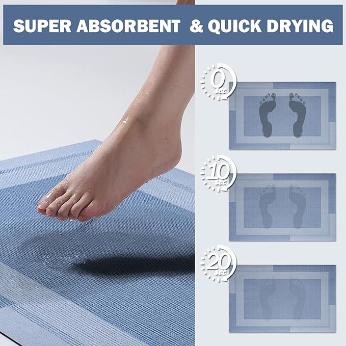 Non Slip Long Bath Mat Bathroom Runner, Rubber Backing Ultra Thin Bathroom Rugs Fit Under Door Quick Dry Super Absorbent Washable Bath Rug Shower Mat for Bathtub Sink Floor, Blue 17"x47"