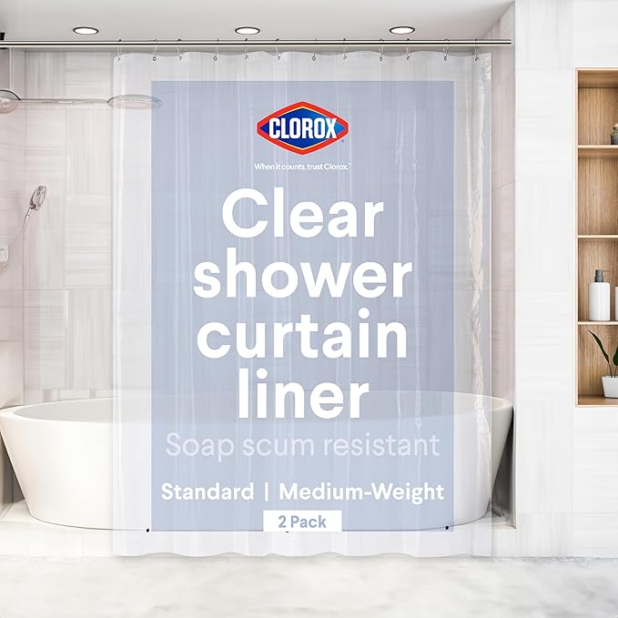 CLOROX Shower Curtain Liner, Premium Medium-Weight Durable Waterproof 6g PEVA for Bathroom with Weighted Magnets, Standard Size 72" x 72", Clear 2 Pack