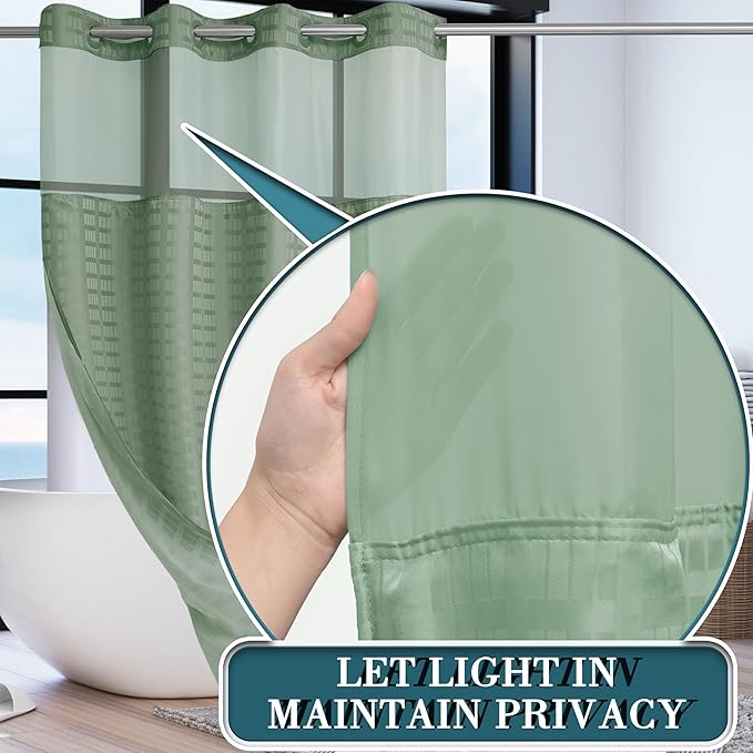 Conbo Mio Stall No Hook Sage Green Shower Curtain with Snap in Liner Set, Hotel Luxury Shower Curtains for Bathroom with See Through Top Window, Waterproof, Washable 54W x 74H