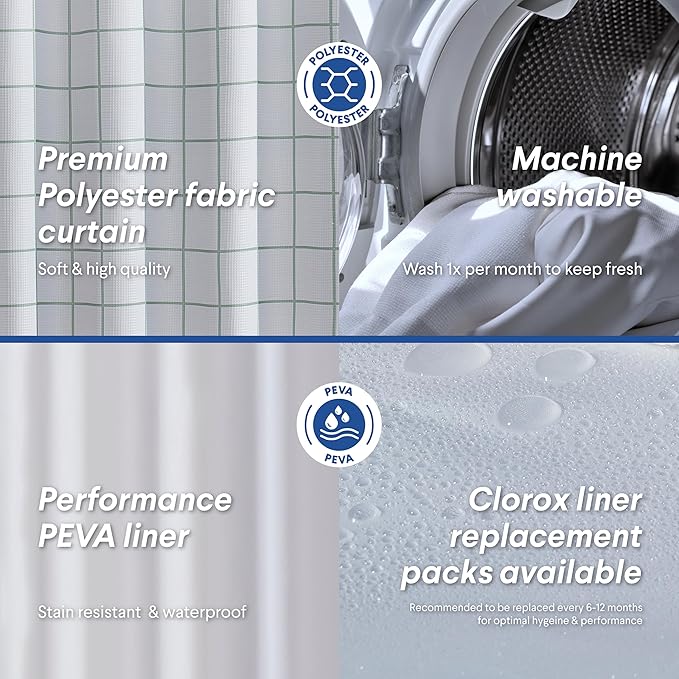 CLOROX Bathroom Waffle Windowpane Pattern Shower Curtain with Waterproof Lightweight PEVA Liner Set, Standard Size, Metal Grommets, No Hooks 72" x 72" - 2 Pc Set - Sage Green w Frosty PEVA