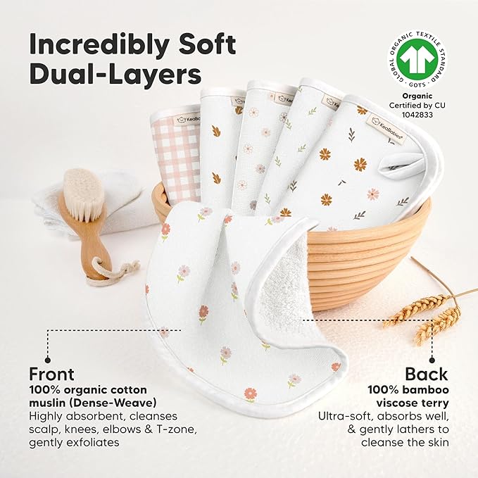 6-Pack Cotton Baby Washcloths for Newborn - Organic Cotton Muslin Soft Wash Cloths for Babies, Infant, Kids, Toddler Towels for Boy, Girl, Super Absorbent Face Cloths, Scratch-Free Baby Rags (Petals)