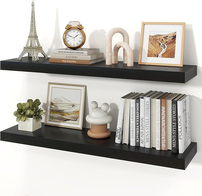 Floating Shelves for Wall, 9.3" Deep Wall Mounted Wood Shelves for Bathroom, Bedroom, Living Room, Kitchen, Hanging Shelf for Books/Storage/Room Decor (Black, 36")