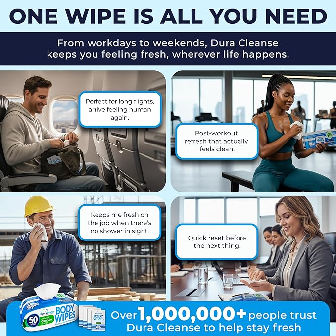 Dura Cleanse XL Body Wipes for Adults – No Rinse Bathing, 50 Count + 4 Travel Shower Sheets, 10" x 11.5" Thick Disposable Washcloths for Elderly, Men & Women, Camping