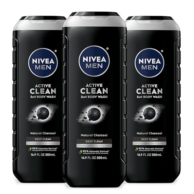 NIVEA Men Active Clean Body Wash with Natural Charcoal for Normal to Oily Skin, 3-in-1 Charcoal Body Wash, Face and Hair, Draws Out Dirt and Impurities, 16.9 Fl Oz Bottle, Pack of 3