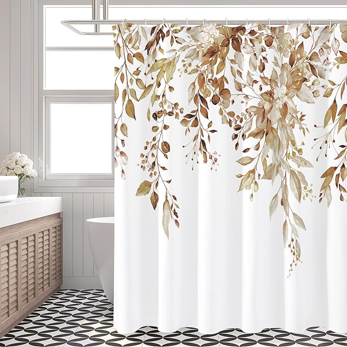 Gibelle Brown Eucalyptus Shower Curtain, Watercolor Plant Leaves with Floral Bathroom Shower Curtain Set, 72x72