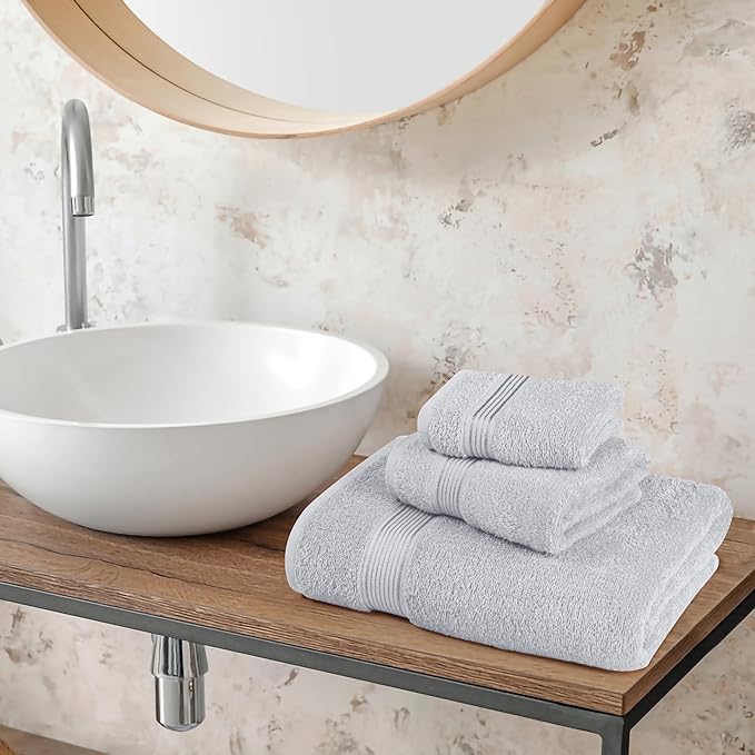 Belizzi Home Ultra Soft 3 Pack Cotton Towel Set, Contains a Bath Towel 28x55 inch, a Hand Towel 16x24 inch & a Wash Coth 12x12 inch, Ideal Everyday use, Compact & Lightweight - Light Grey