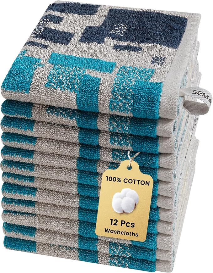 SEMAXE 100% Cotton Washcloths 12-Pack, 13 × 13 Inch Soft Luxury Face Towels – Super Absorbent & Quick-Dry, Premium Cloth with Hanging Loop, Oeko-TEX Certified, Gift-Ready Box