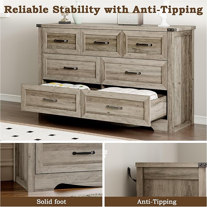 7-Drawer Dresser for Bedroom, Modern Wooden Chest of Drawers with Metal Handles, Anti-Tipping Design, Sturdy and Stable Storage Organizer for Living Room, Entryway, Home Office