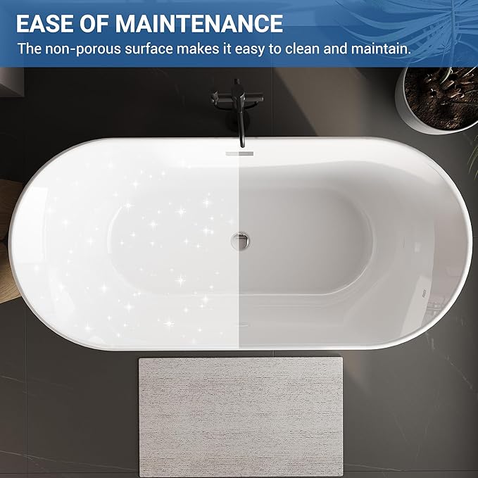 Freestanding Bath Tub 59 Inch Acrylic Oval Soaking Tub – Extra Large Freestanding Bathtub for Home Bathroom, Stand Alone Tub with Integrated Overflow, Modern Soaking Tub for Adults, White Finish