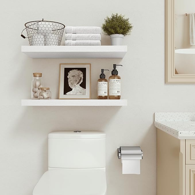 Vivelove Floating Shelves for Wall 24 inchs Long, 9.1” deep x 1.6” Wall Shelf for Bedroom, Bathroom, Living Room, Kitchen, Office Home Decor, Deep Wood Shelves with Invisible Brackets, Set of 2 White
