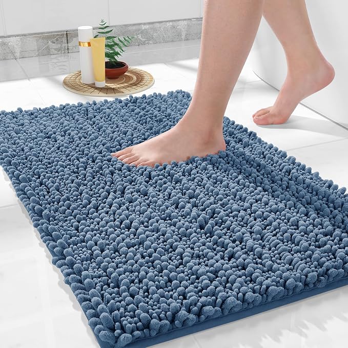 Yimobra Bathroom Rugs Non Slip Washable - Ultra Soft Absorbent Chenille Bath Mat, Quick Dry Shaggy Floor Carpet for Tub Shower, Denim Blue Home Decor Accessories, 24x17 Inch